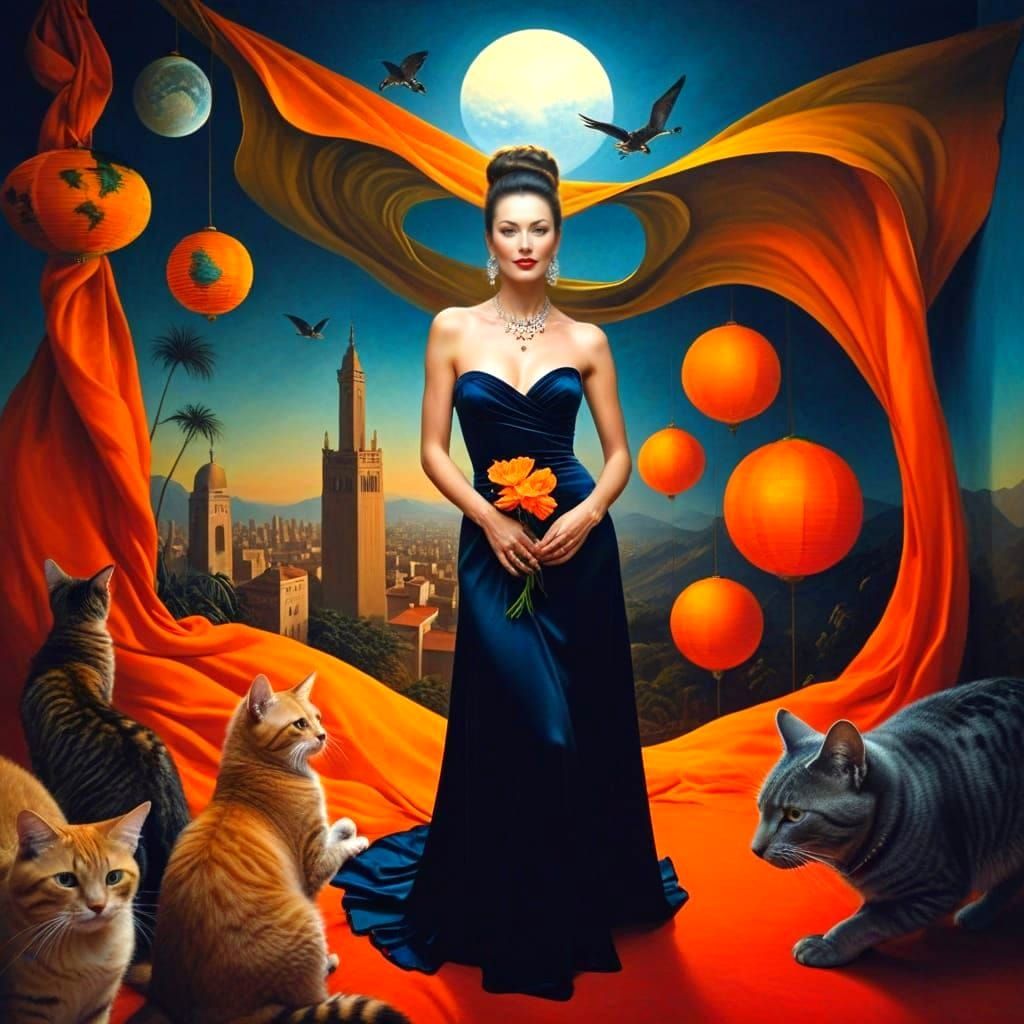 Vibrant Lady and Cats in an Ethereal Dream World