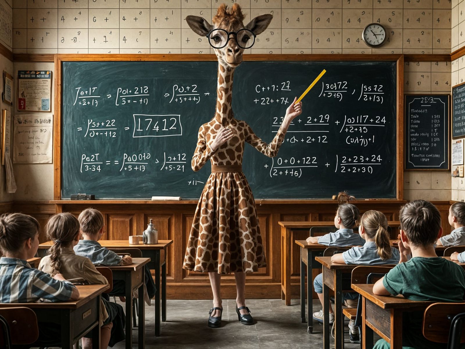 Miss Giraffe, the math teacher - Surreal 1900s Classroom Sce...