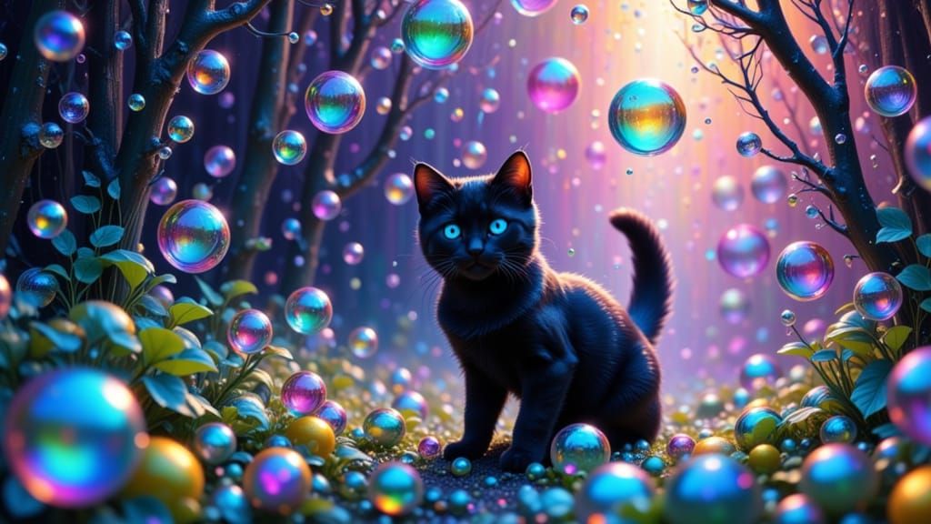 million bubbles, a cute black cat in the forest, Glowing and shimmering landscape of bubbles trees <lora:Zeste-Citron Bubble1:1.0>