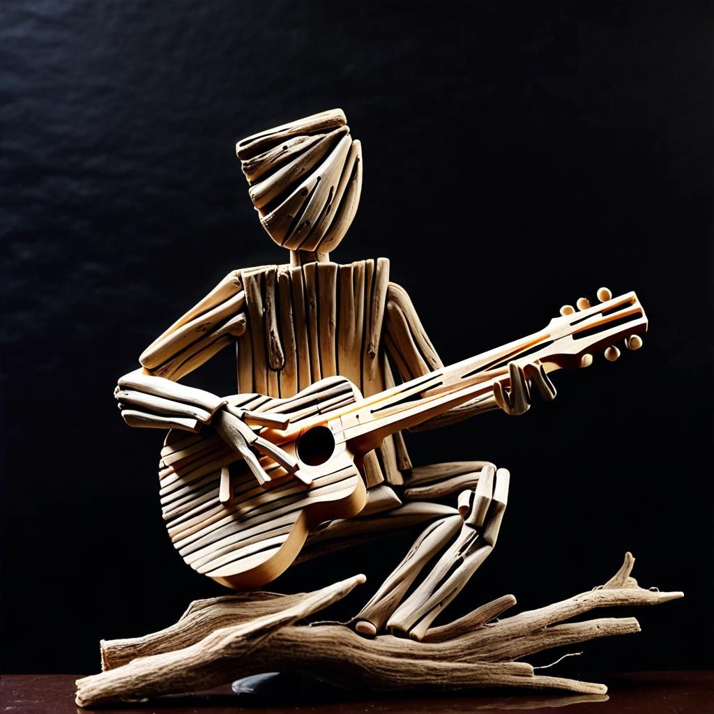 Guitarist made of driftwood.