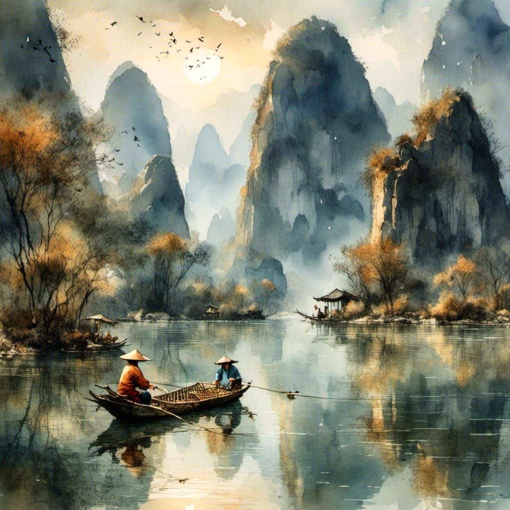 A man fishing on China's LI river<lora:Cute vintage:1.0>   by @wrh57