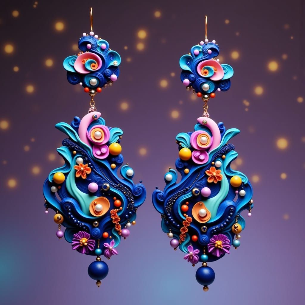 <lora:Making Jewelry:1.0> Intricately crafted polymer clay earrings adorned with vibrant, bright colored beads, luminous pearls, and sparkli...