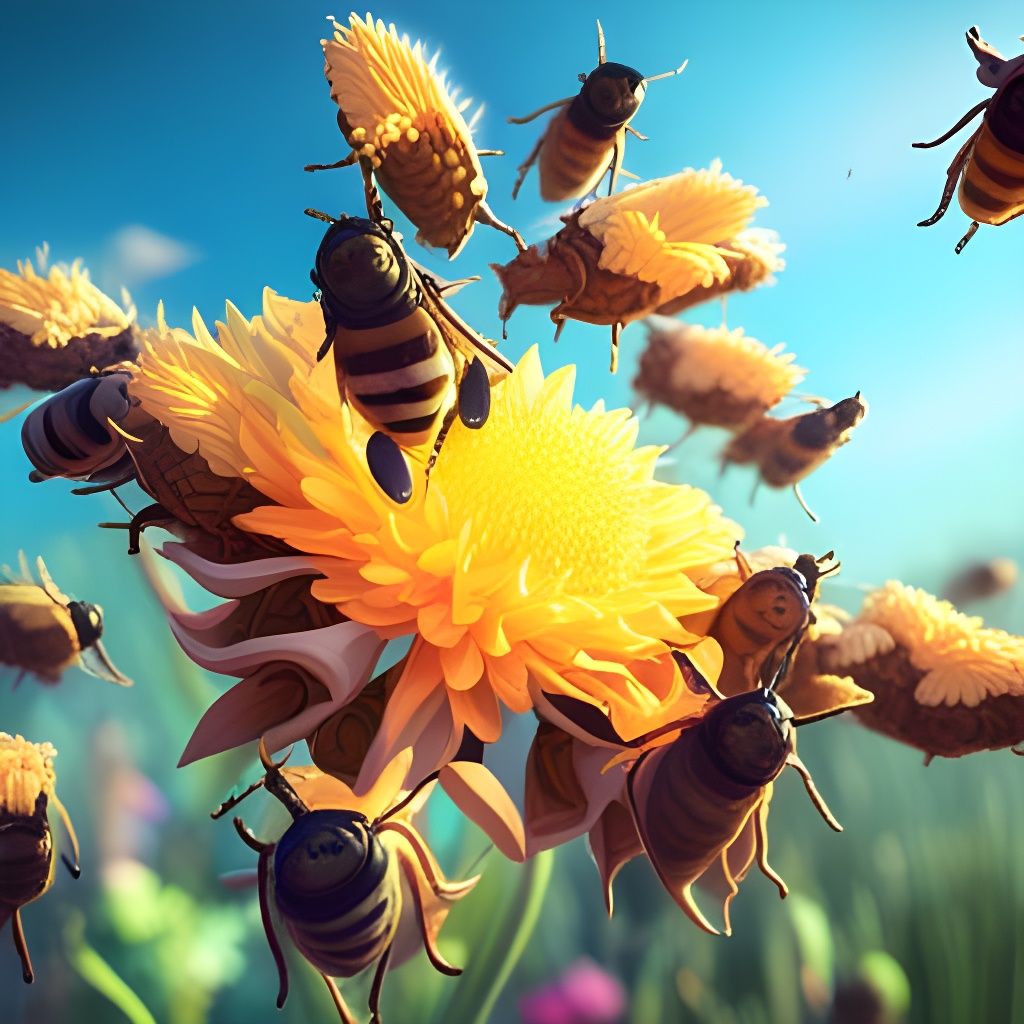 A lot of bees arround a golden flower v2