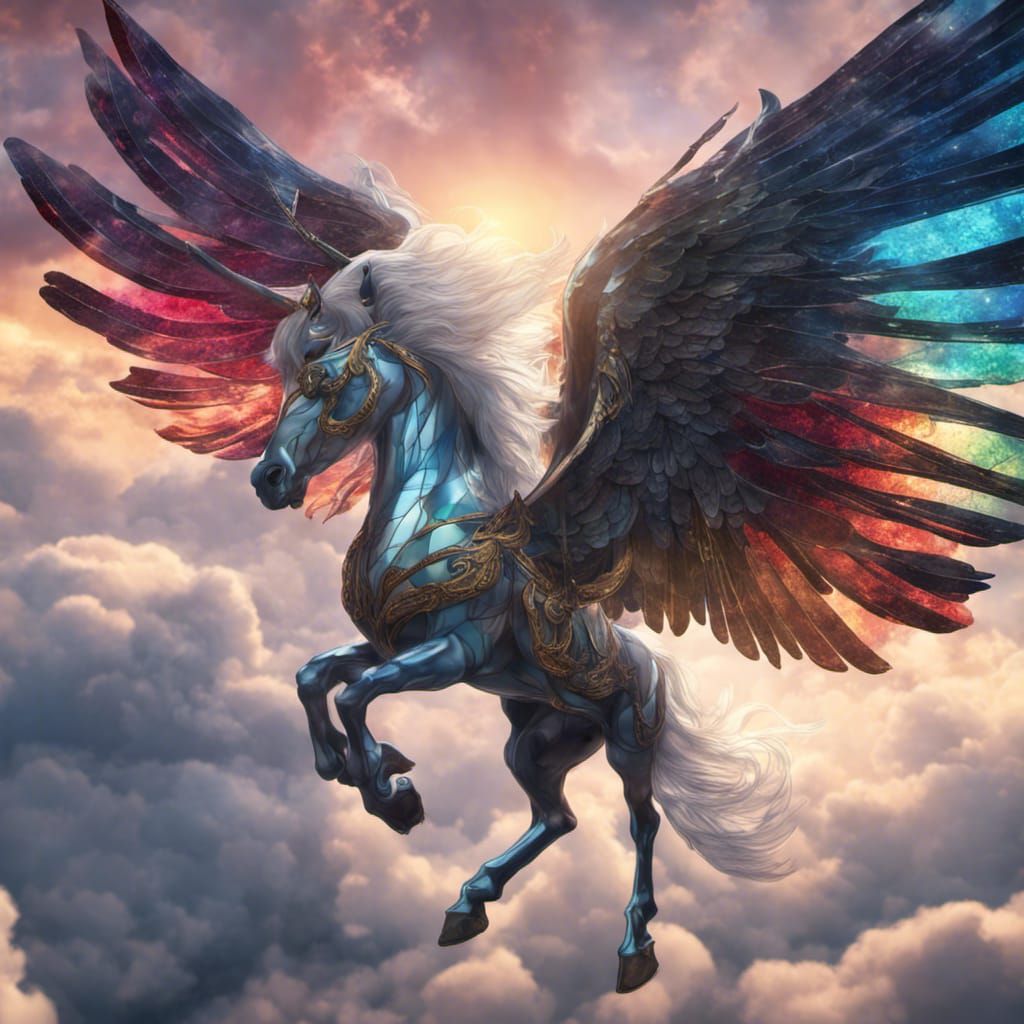 Elegant pegasus with brilliant wings made of stained glass, in the clouds