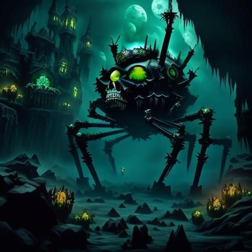 <lora:Black nightmare:1.0> Nightmare spider monster, black, green, teal, macabre, in a dark cave, Epic cinematic brilliant stunning intricat...
