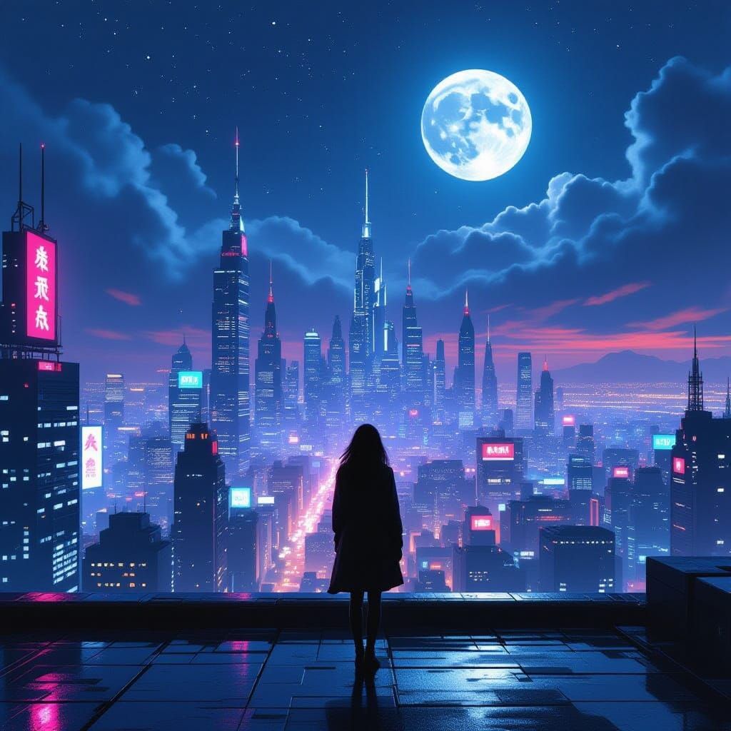 A lone woman stands on a rooftop overlooking a sprawling, futuristic city at twilight. The city lights twinkle like scattered jewels, and a ...