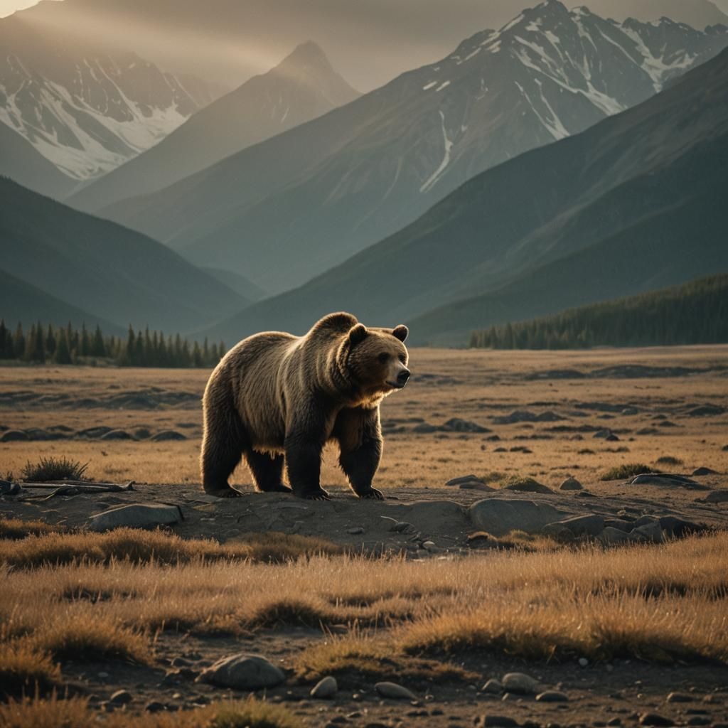 Grizzly Bear in Empty Landscape: Cinematic Film Still