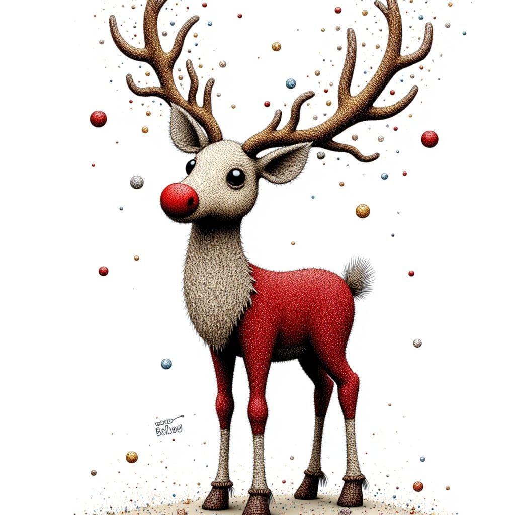<lora:DOTSPEN:1.0> pointillism, hand-drawn illustration, rudolph the red nose reindeer, pen and dot, splattering, splotches, nib, alcohol in...