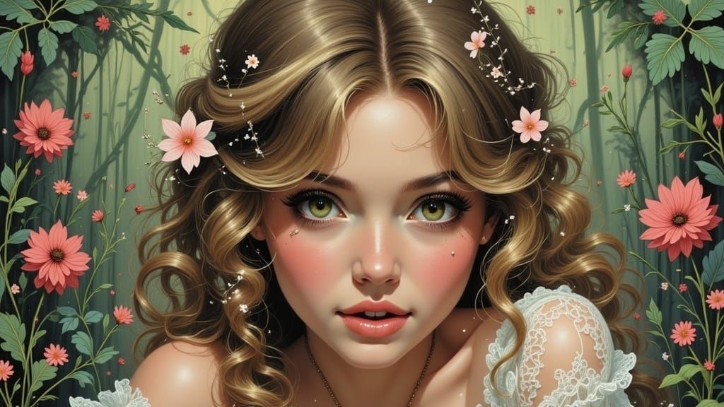 full body, over shoulder, Cute girl pin up art, ethereal, a lace character, smirk expression, <lora:Caffeinated Skies:1.0> 