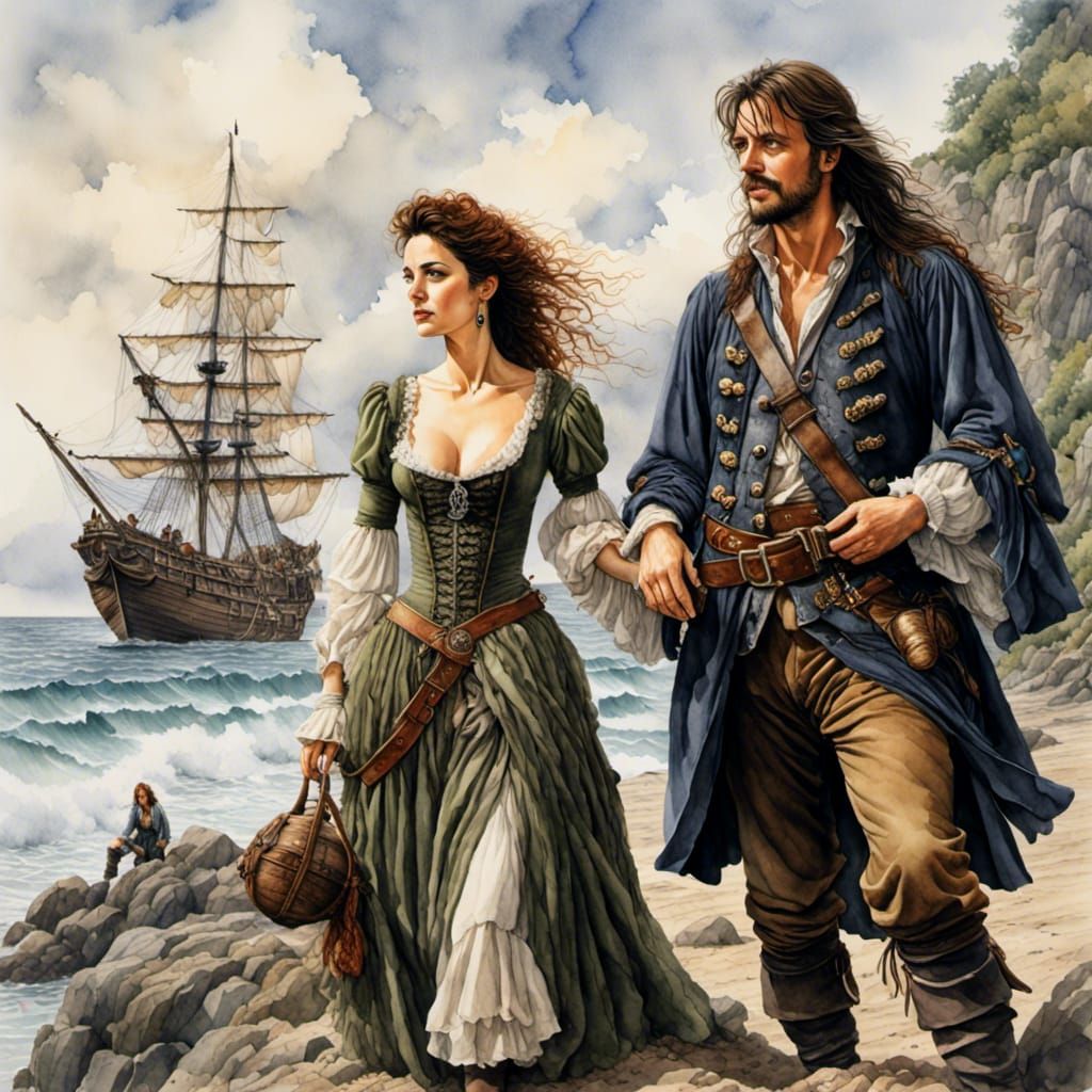 Pirate Royalty on Shore in Hyperrealistic Detail