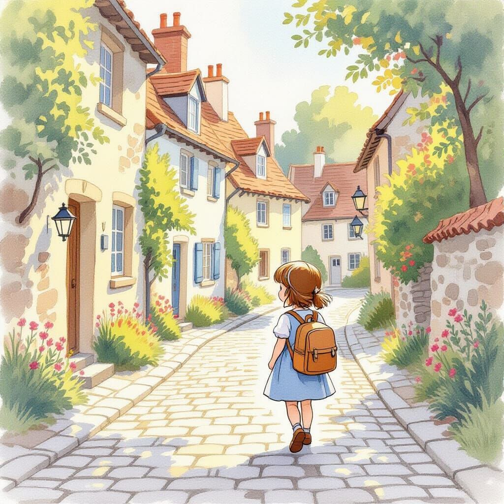 Cute Girl with Backpack on Cobblestone Street