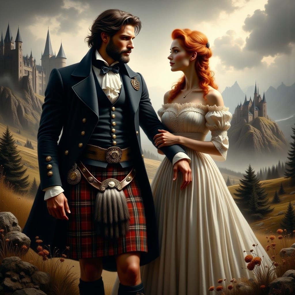 <lora:BookCover Flux:1.0> oil painting, close-up of sophisticated beautiful, handsome, athletic highlander in Scottish attire, holding the h...
