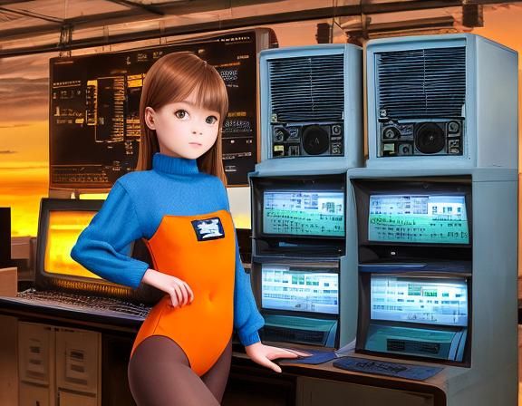 girl in leotard stands next to vintage computer. Colors: white milk ...