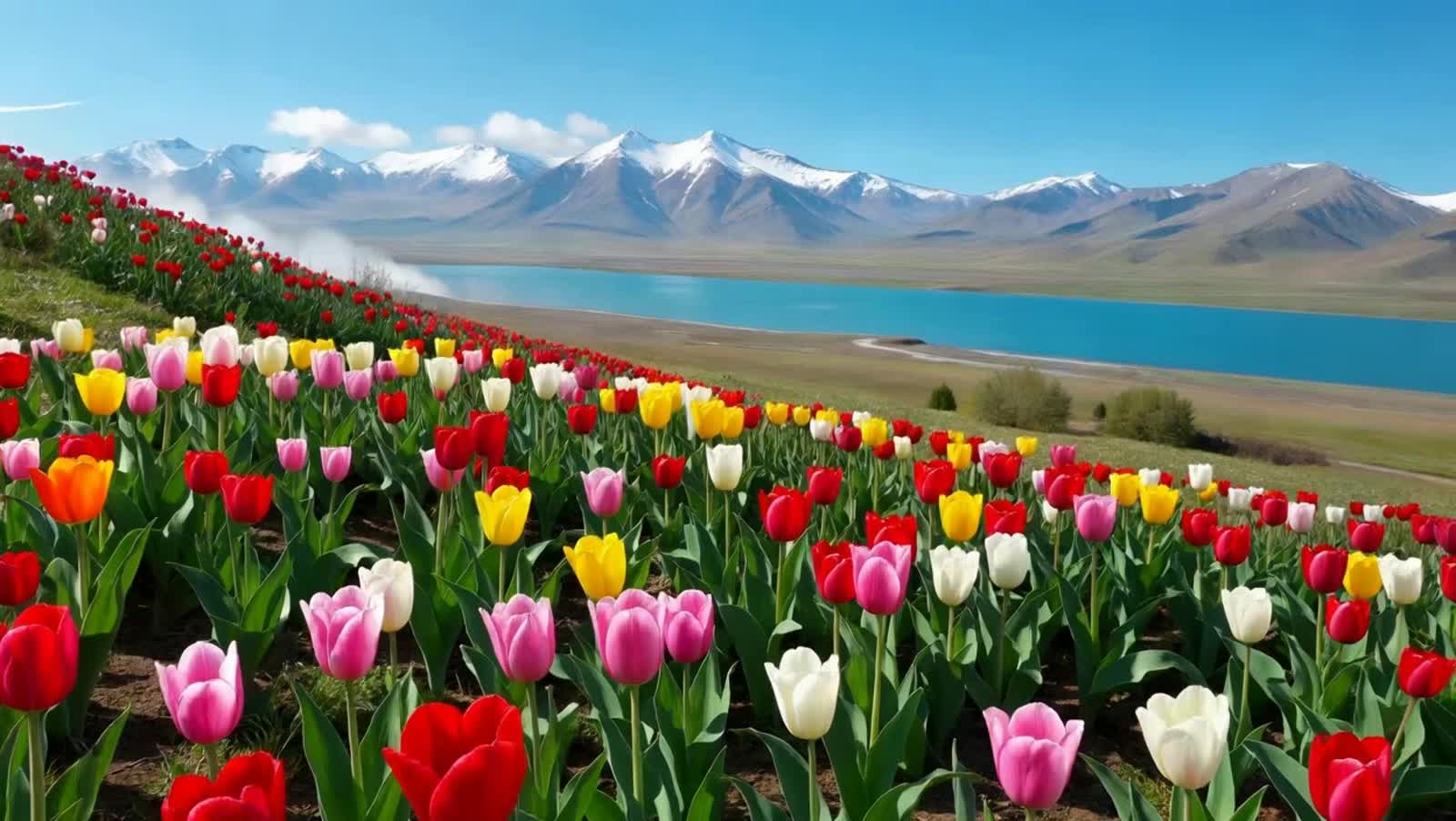 Beautiful tulips in different colors on a hillside and the background of a large plain with blue water and beautiful gre...