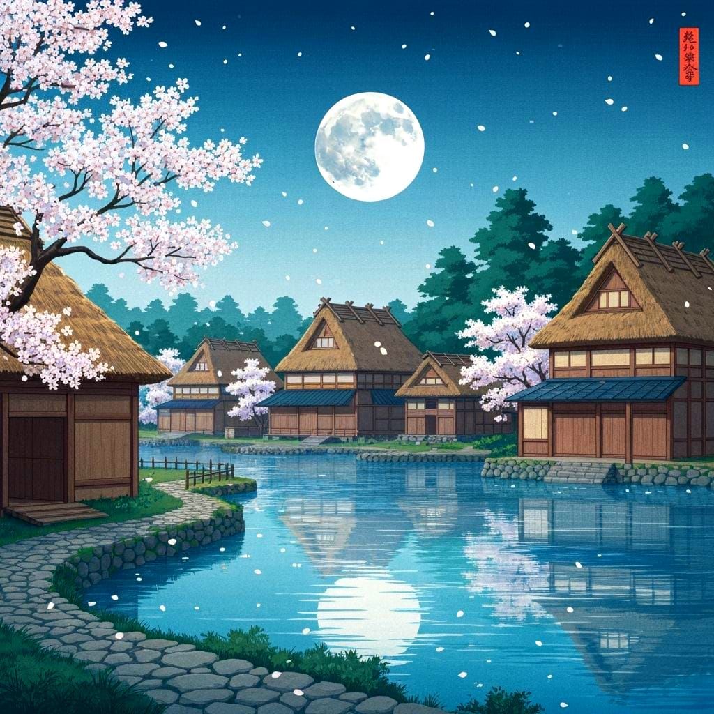 A serene Japanese village nestled beside a tranquil lake, bathed in the soft, ethereal light of a full moon. White cherry blossoms drift gen...