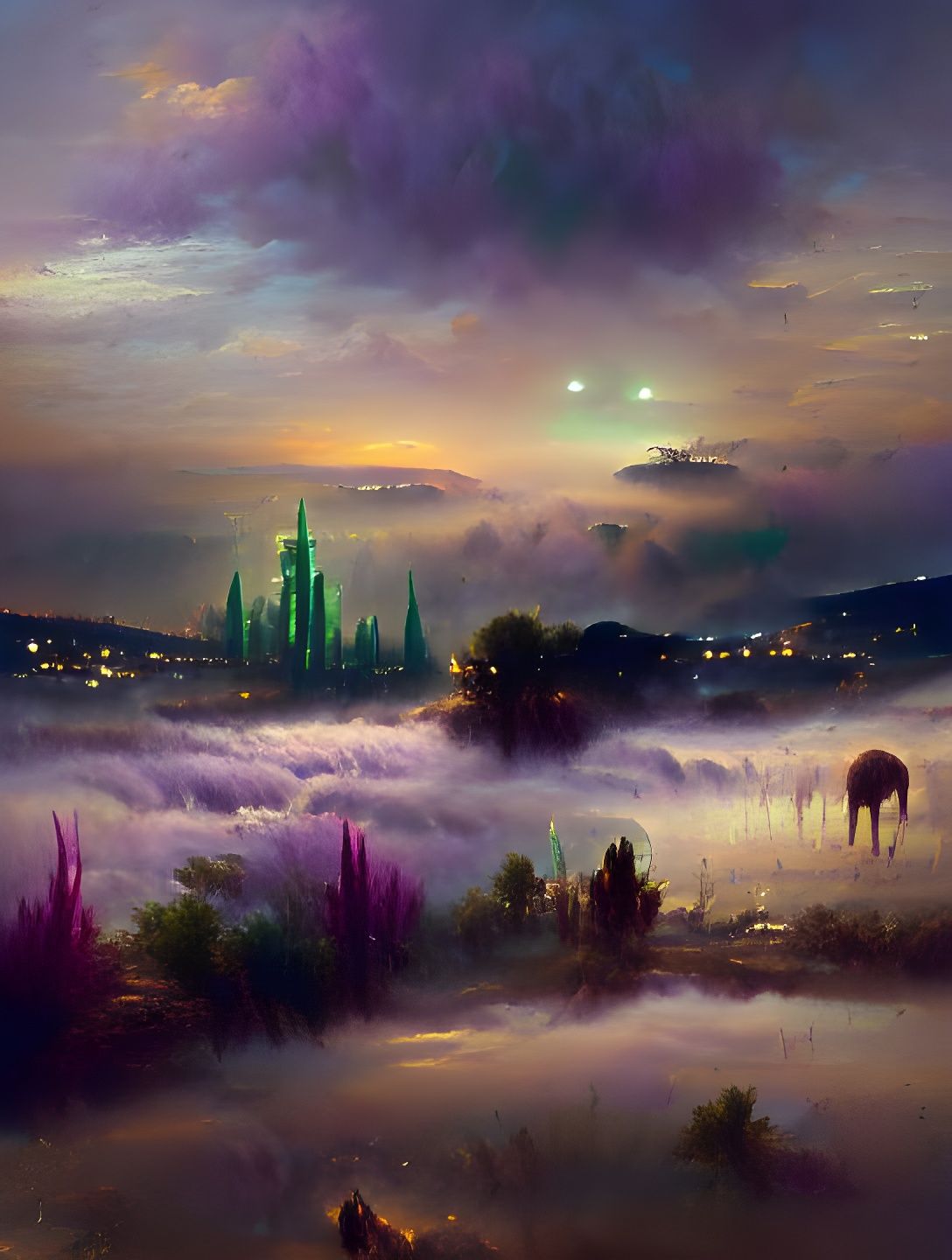 Creamy fog over purple and green city lights on an alien pla...