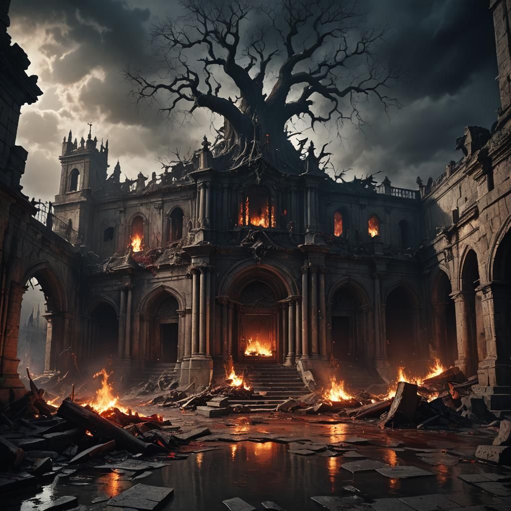 A destroyed sacristy, half-flooded with blood, limbos, flami...