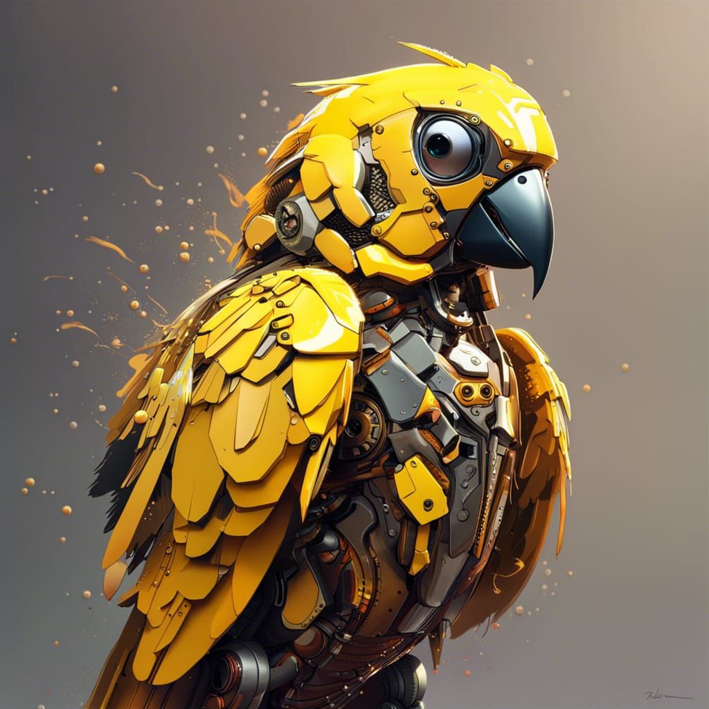 Yellow Robot parrot Hyperrealistic, splash art, concept art, mid shot, intricately detailed, color depth, ...  by @undefined