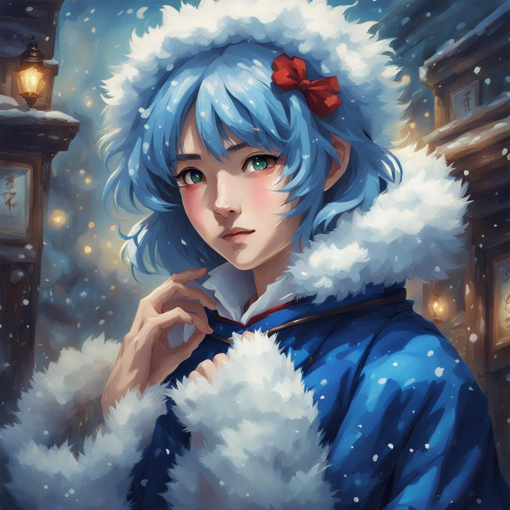 "Cirno from Touhou Project portrayed in a captivating oil pa...