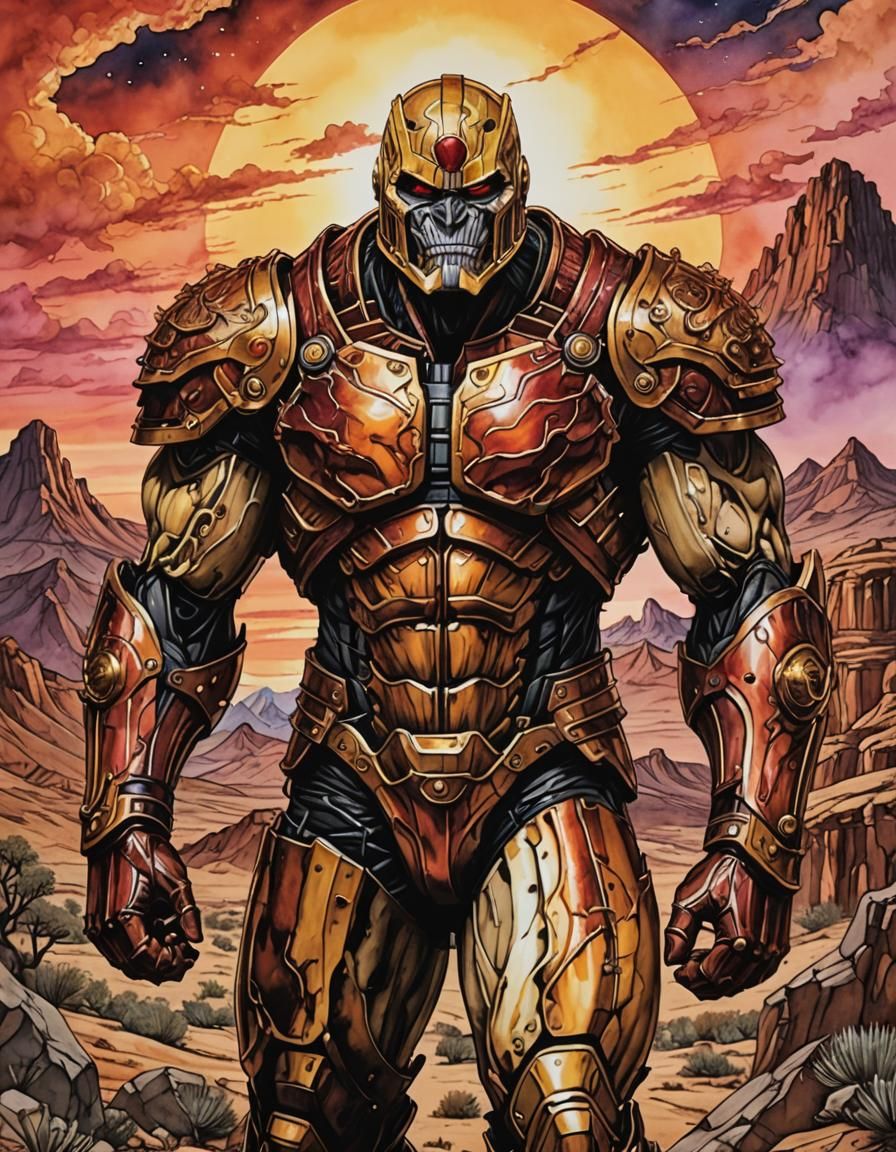hyperdetailed Alcohol Ink; Roaring armored Titan 🏜️🌵sunset...