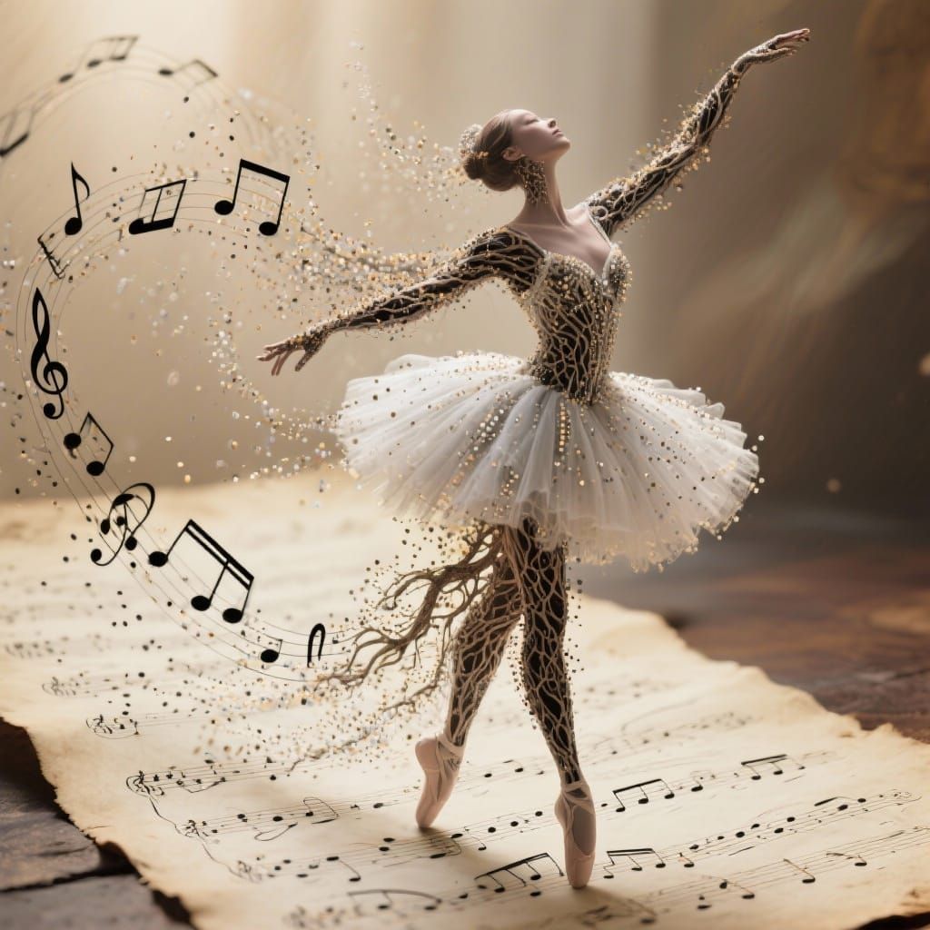 A surreal digital artwork depicting an ethereal ballerina as the living embodiment of music. Her graceful form is a beautiful coalescence of...