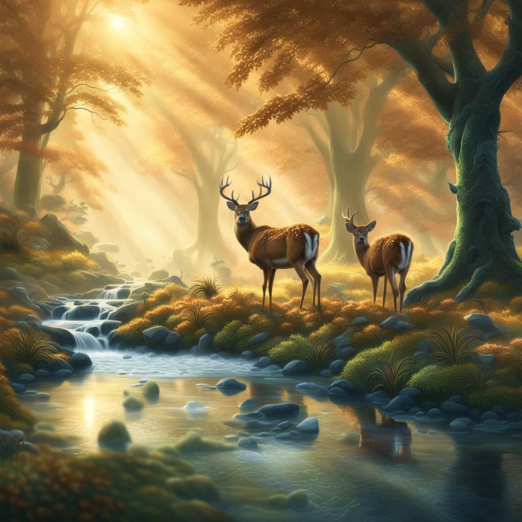 Majestic Deer Drinking in Misty Forest Landscape