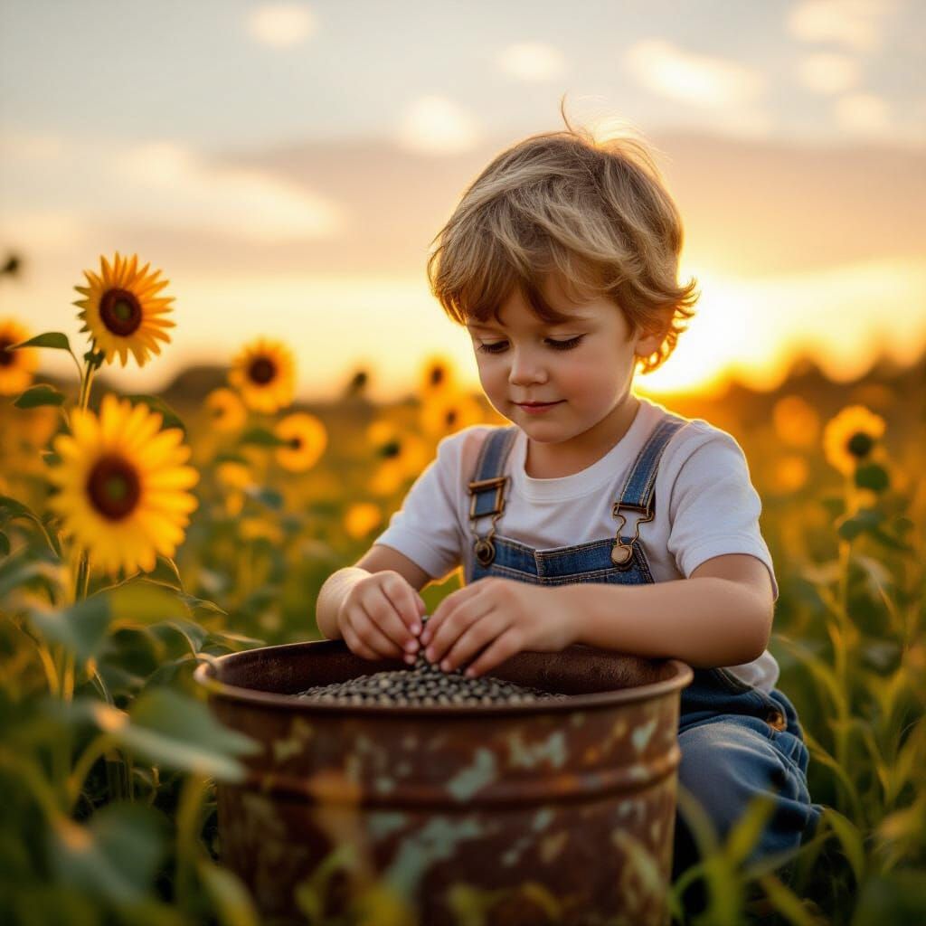 Cute boy sowing sunflower seeds in a rusty container at sunset. Wildflowers grow around  by @AI