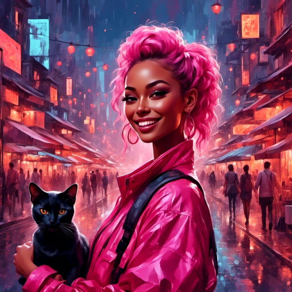 Trendy Woman with Cats in Futuristic Cityscape