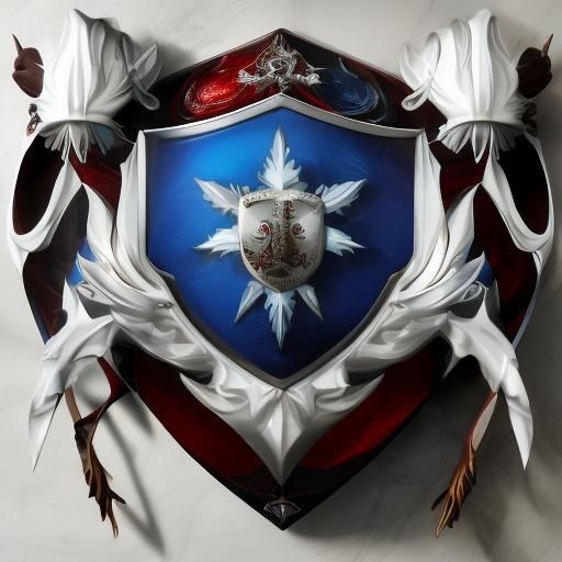 <lora:Emblazoned DSv8:1.0> Red cyborg facing blue cyborg, coat of arms, shield