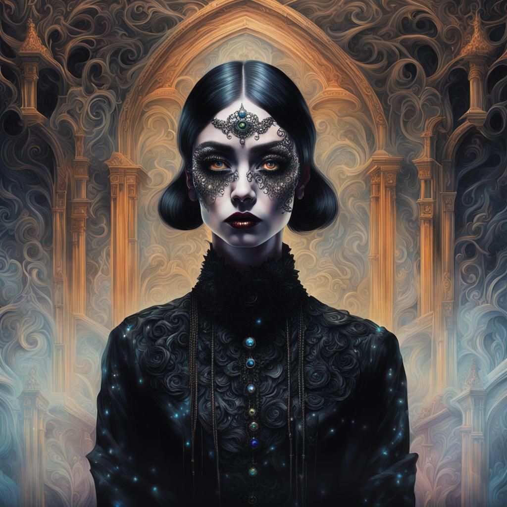 a woman dressed in black shiny detailed prismatic eyes, deta...