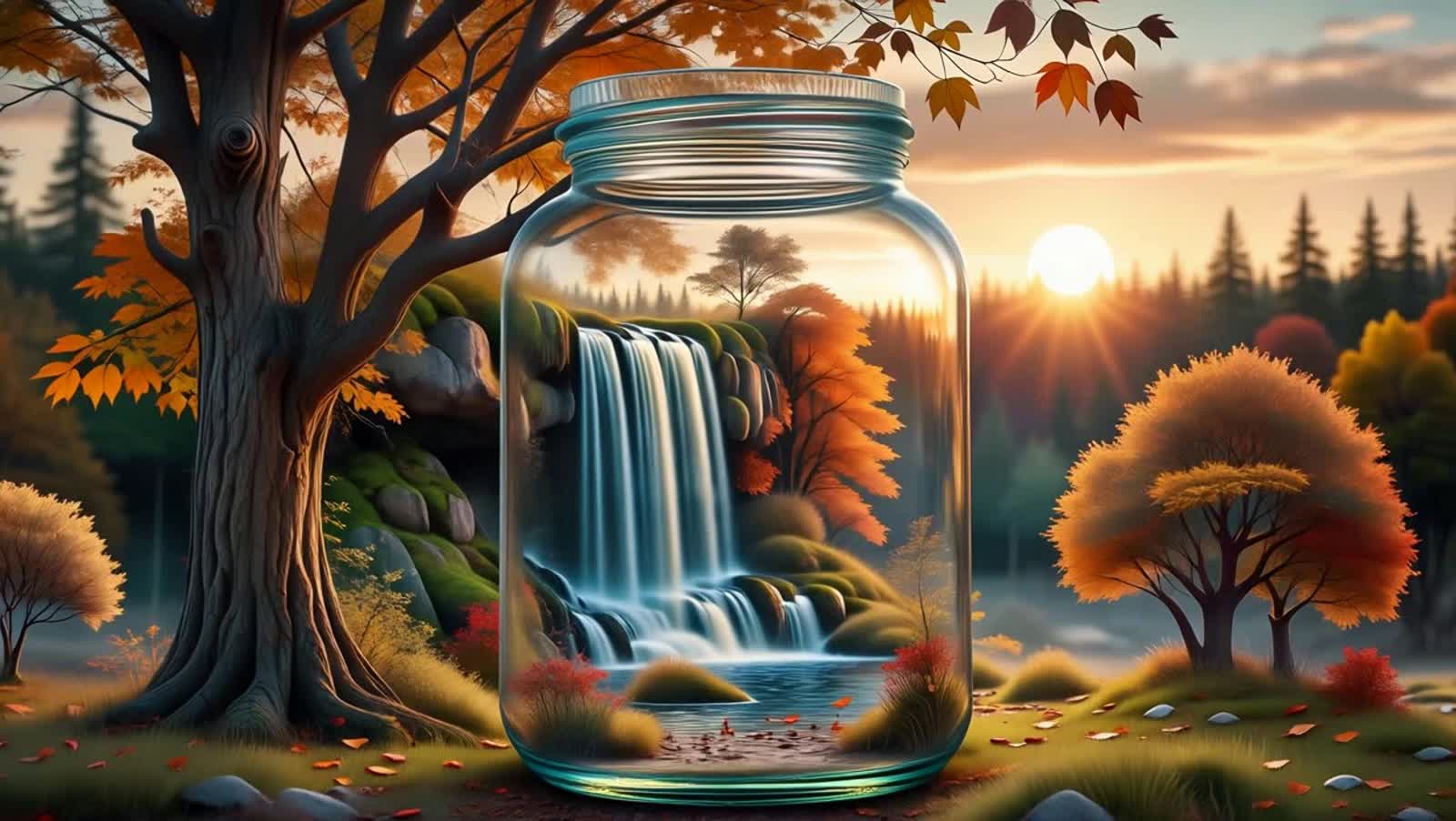A autumn forest with a big waterfall inside a glass mason jar . Tester!