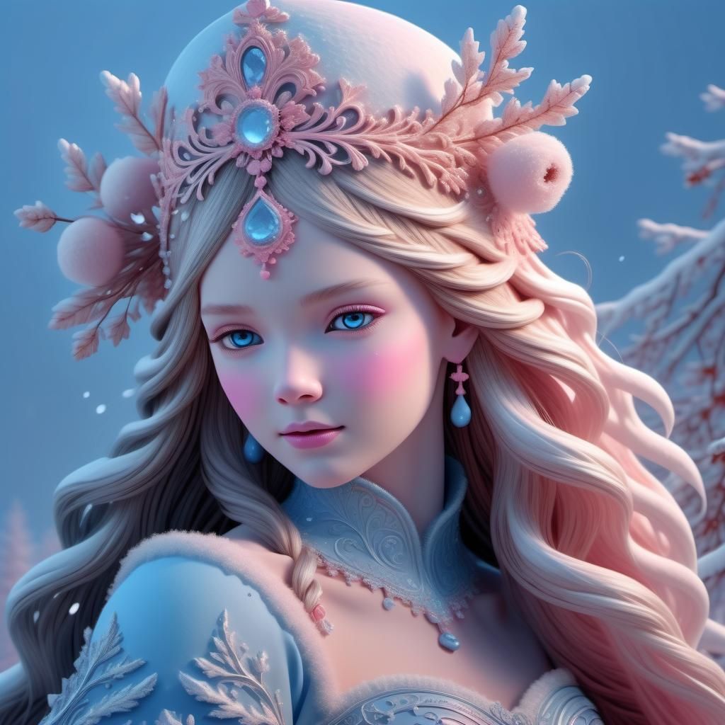Beautiful and sweet princess of the Winter Blue and Pink.volumetric lighting hyperdetailed 