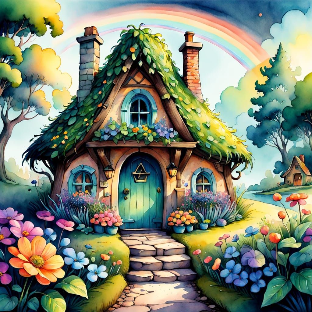 Leprechaun's Whimsical Watercolor Cottage