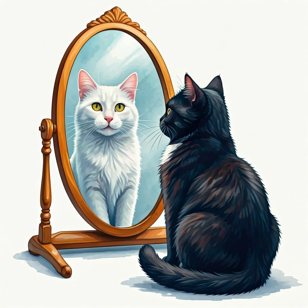 Watercolor Black Cat Sees White Cat Reflection