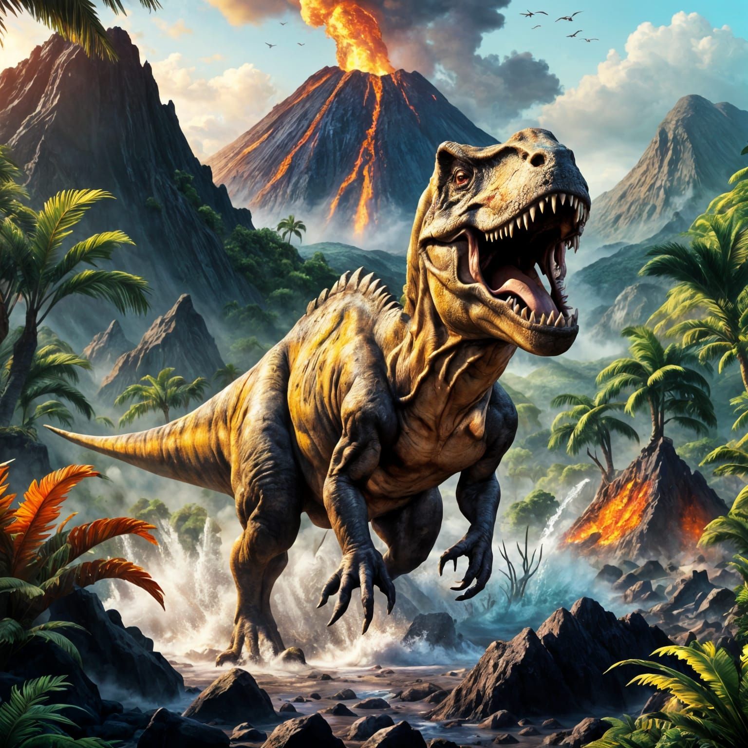 prehistoric landscape with volcano and roaming dinosaurs  by @Merumeru Meru