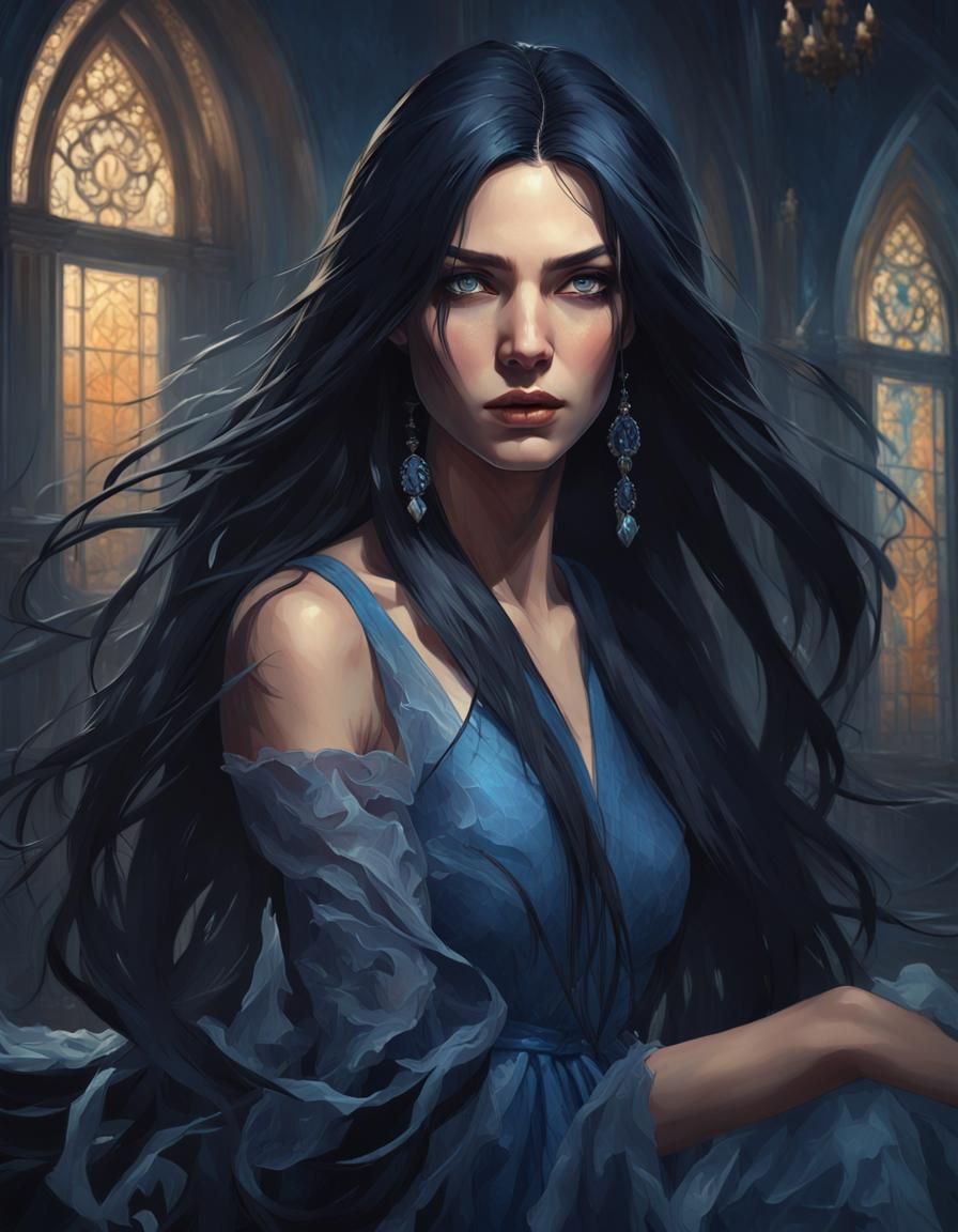 Moody  evil adult girl with long black hair and gray eyes in...