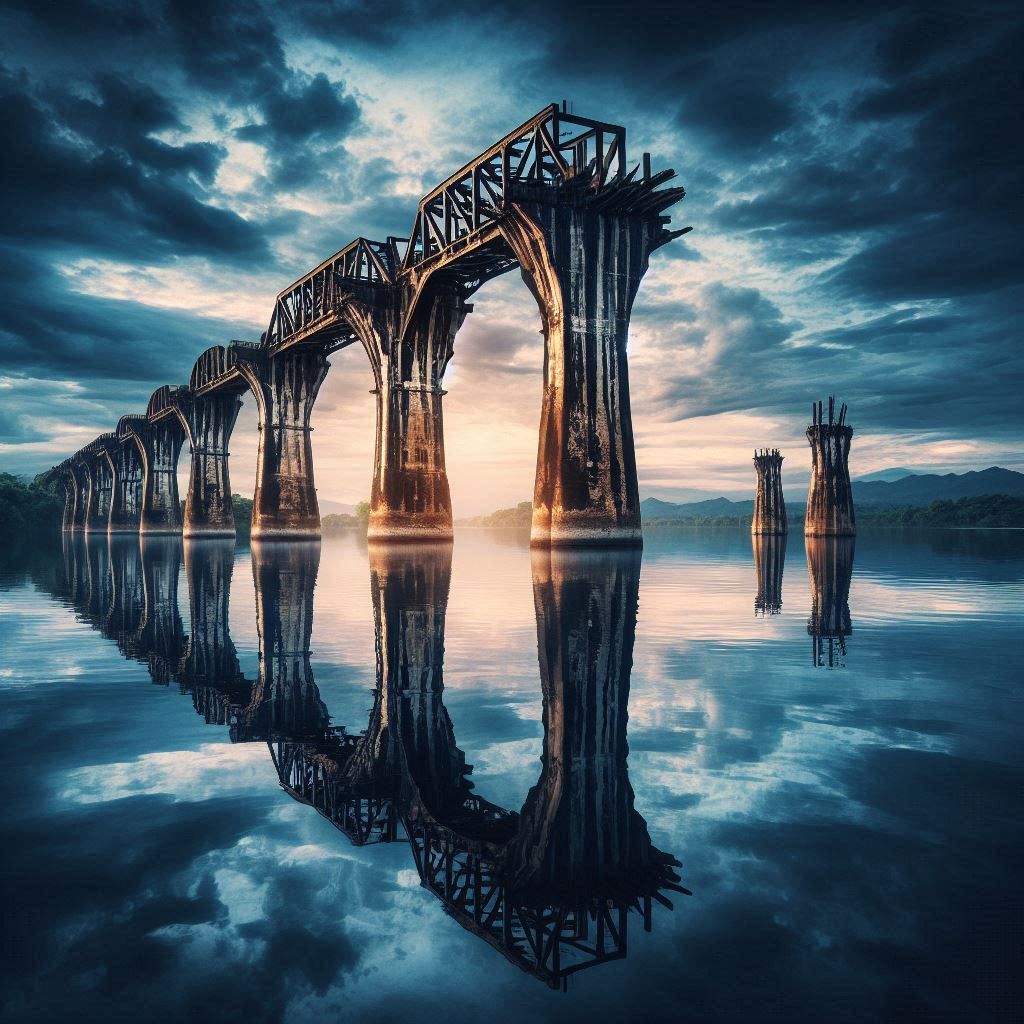 The lone remnant of a historic railroad bridge