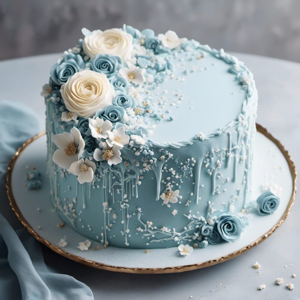 A beautiful light blue cake, with floral accents and beautif...
