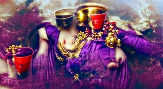 Woman  in purple & scarlet colour, & decked w/ gold & precious stones & pearls, having a golden cup in her hand full of ...