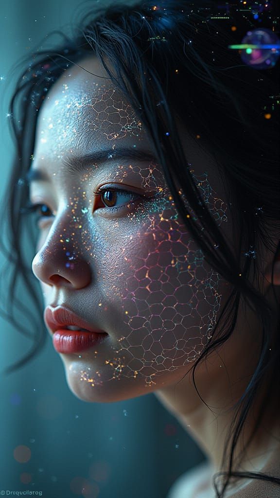 glitched photography with fractal mathematics. Transparent overlay of hexagonal grids