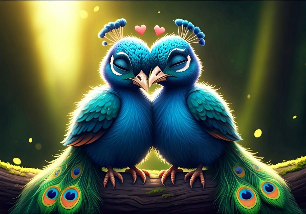 Cartoon of two adorable hyper-realistic digital artwork of an adorable fluffy peacocks perched on a tree ...  by @Summerchild