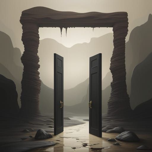 Surreal Oil Painting of Doorway in Desert Landscape