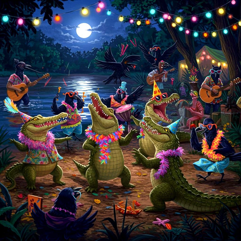 Crocodiles and crows having a big dance party outside near a...