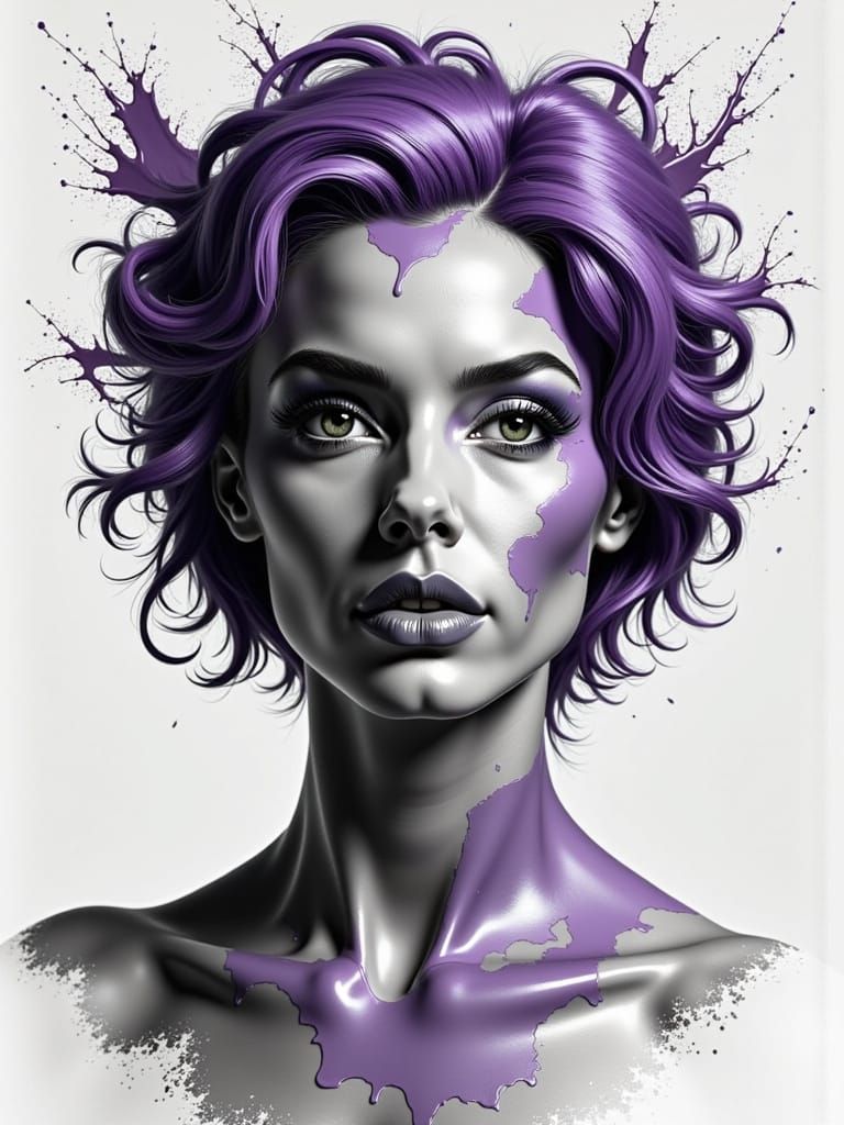 A black and white portrait of a woman with splashes of lilac. 