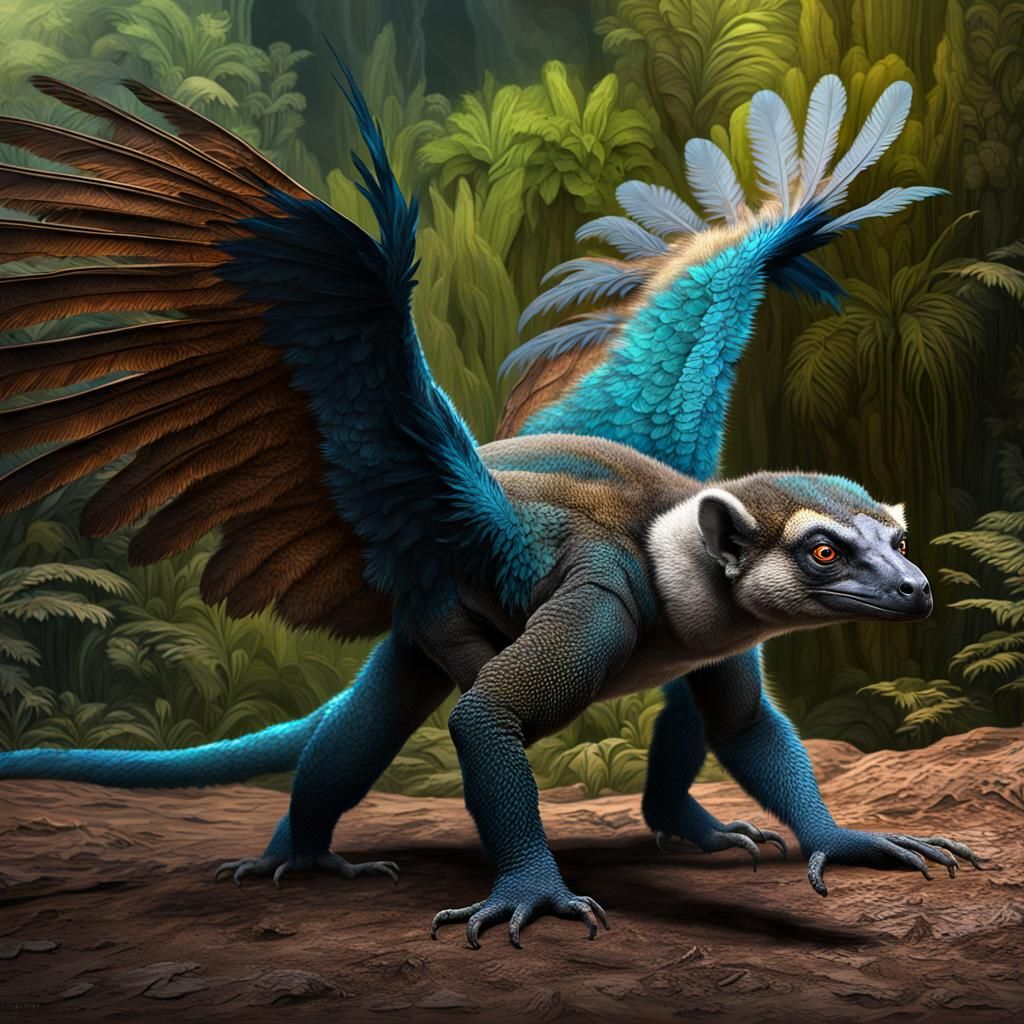 Komodo dragon Cornish Roster lemur, long feathers, feathered wings  by @SpAzZz