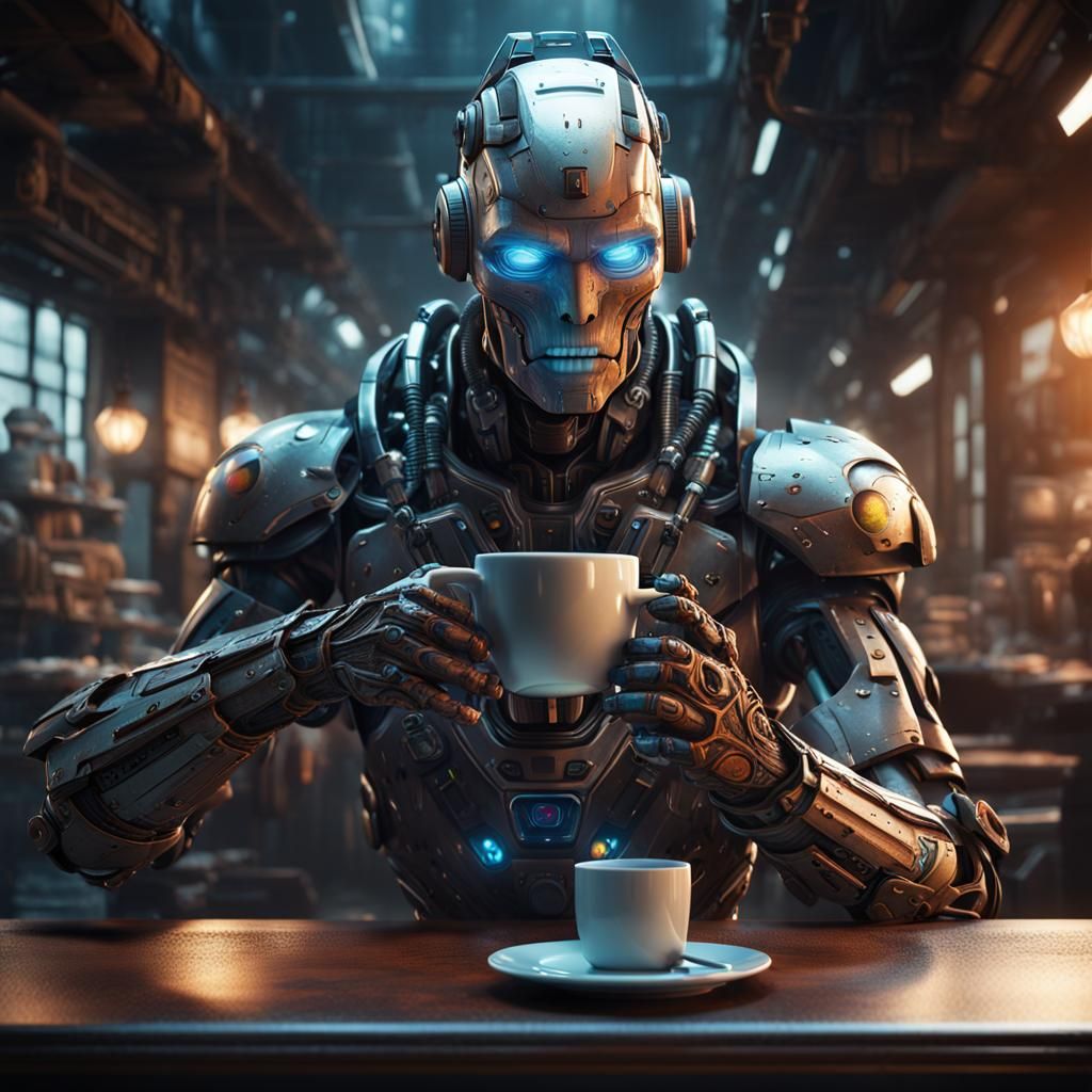 a cyborg half robot half human drinking coffee