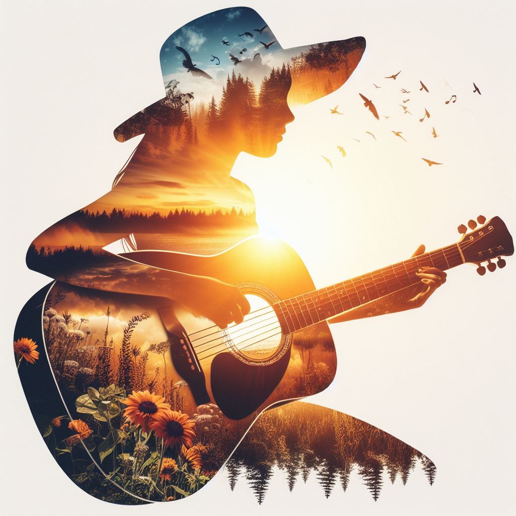 A girl playing a guitar in a field