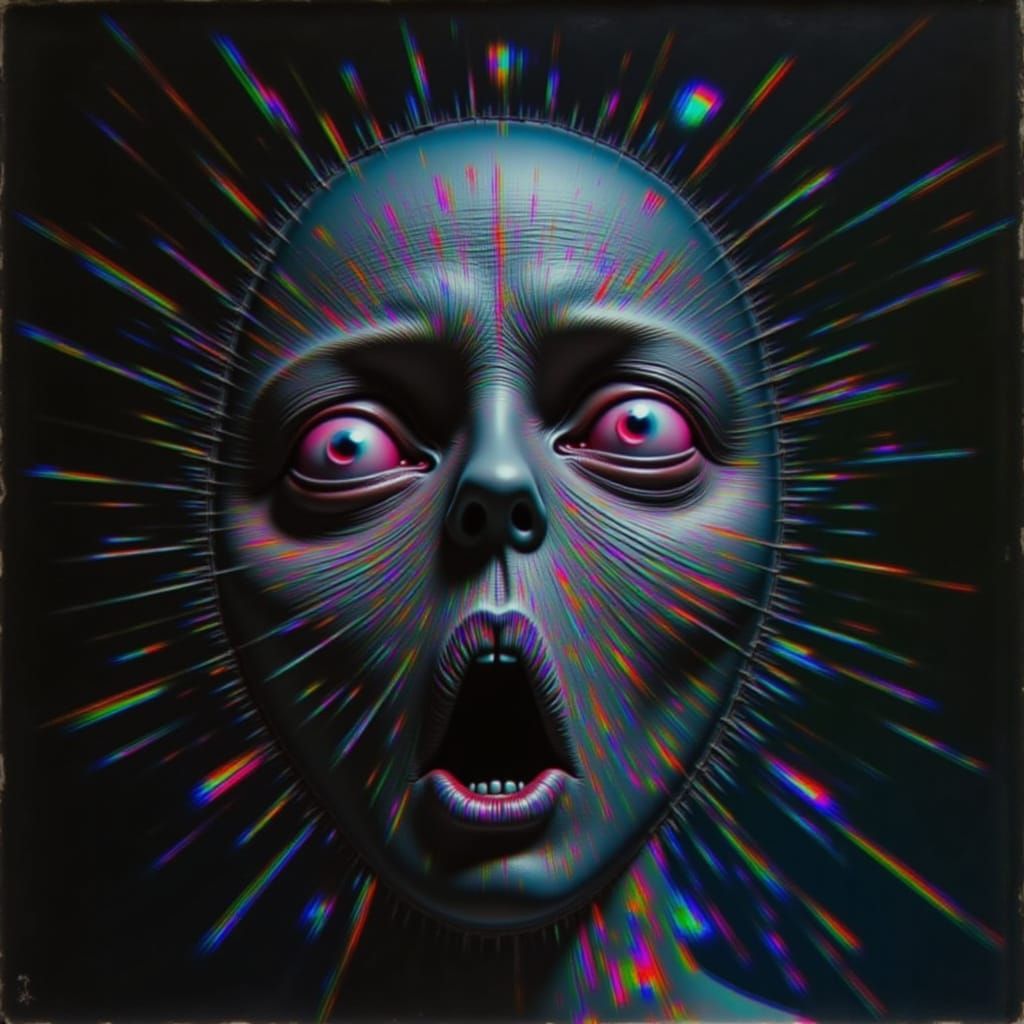 <lora:Everybody Scream:1.0>  A grotesque, multi-eyed head, rendered in a dark, surrealist oil painting style reminiscent of H.R. Giger and Z...