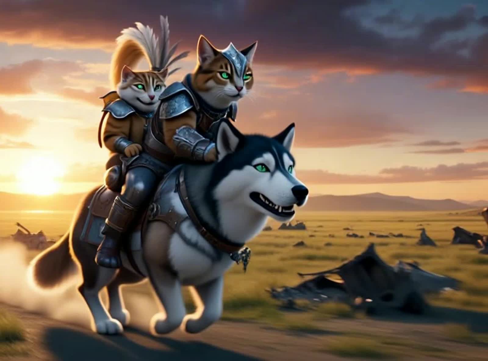 A cat, charges into battle atop a dog.