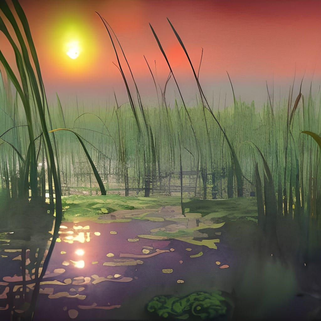 Watercolor painting of reeds and swamp at sunrise undefined